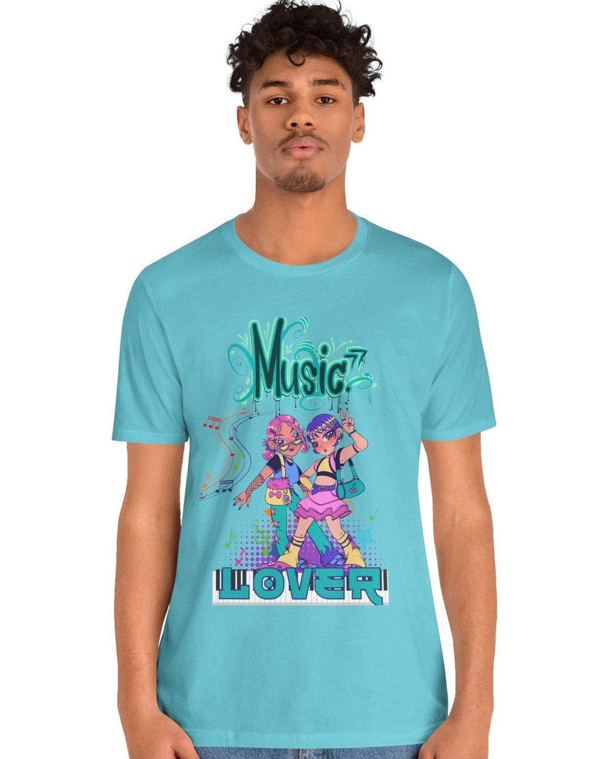 Person wearing a turquoise t-shirt with a graphic design featuring two dancing Anime girls and a text Music Lover on a white background