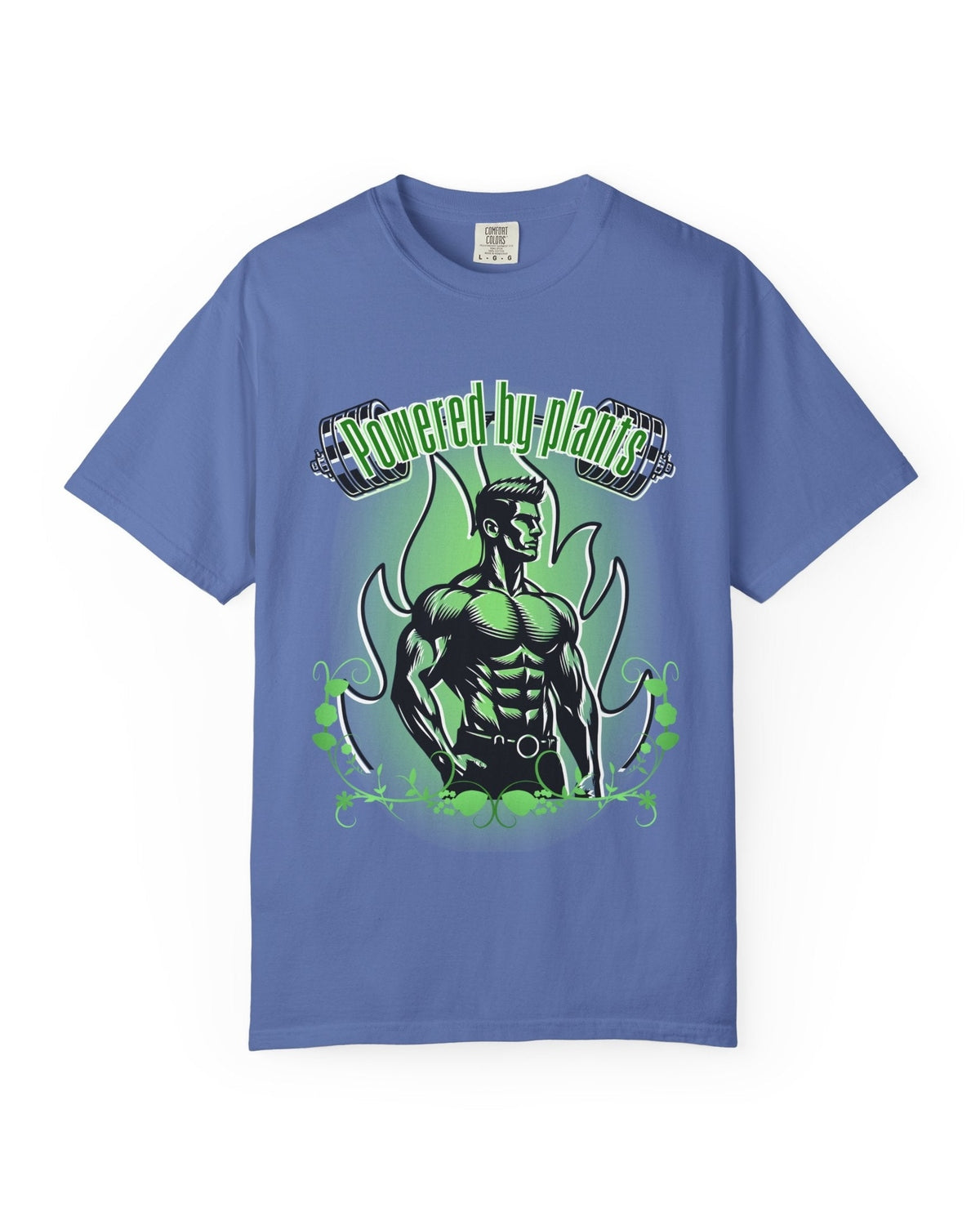 Blue t-shirt with a graphic of a muscular figure and text Powered by Plants on a white background