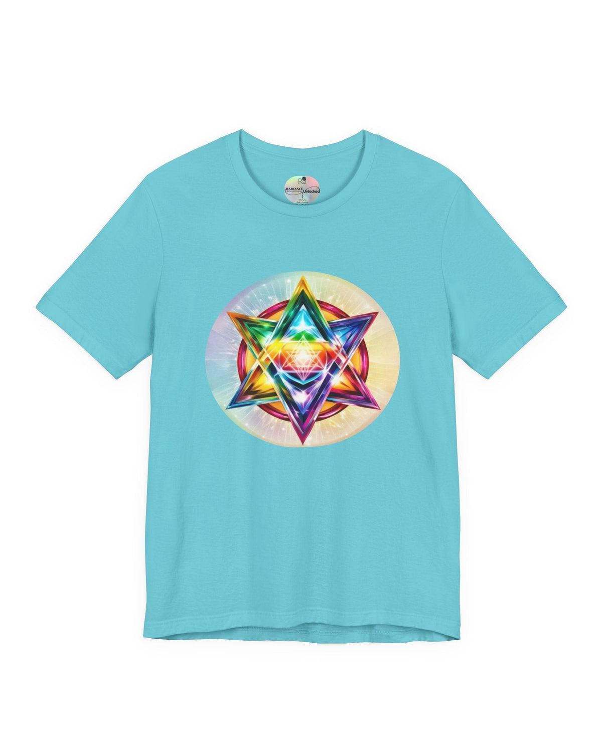 Light blue t-shirt with a Merkaba star design on a white background