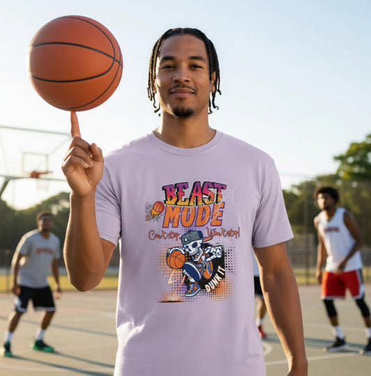 Man holding a basketball on a court wearing a purple Tshirt with a text a 'Beast Mode Cant Stop Wont Stop'.