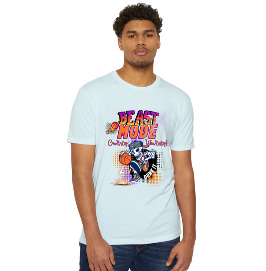 Man wearing a light blue t-shirt with 'Beast Mode Cant Stop Wont Stop' graphic design on a white background