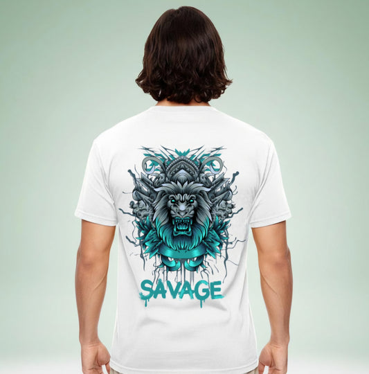 Person wearing a white t-shirt with a green and grey graphic beast design on the back, featuring the word 'SAVAGE'.