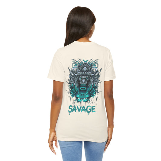 Person wearing a cream t-shirt with a graphic beast design and the word 'Savage' on the back.
