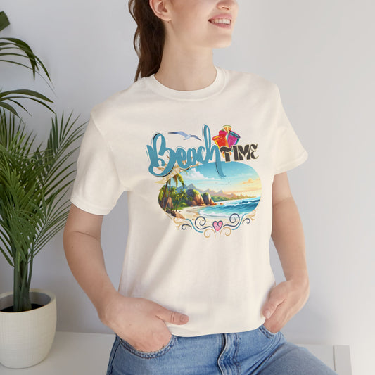 Person wearing a yellow summer vibe t-shirt with a 'Beach Time' graphic design.