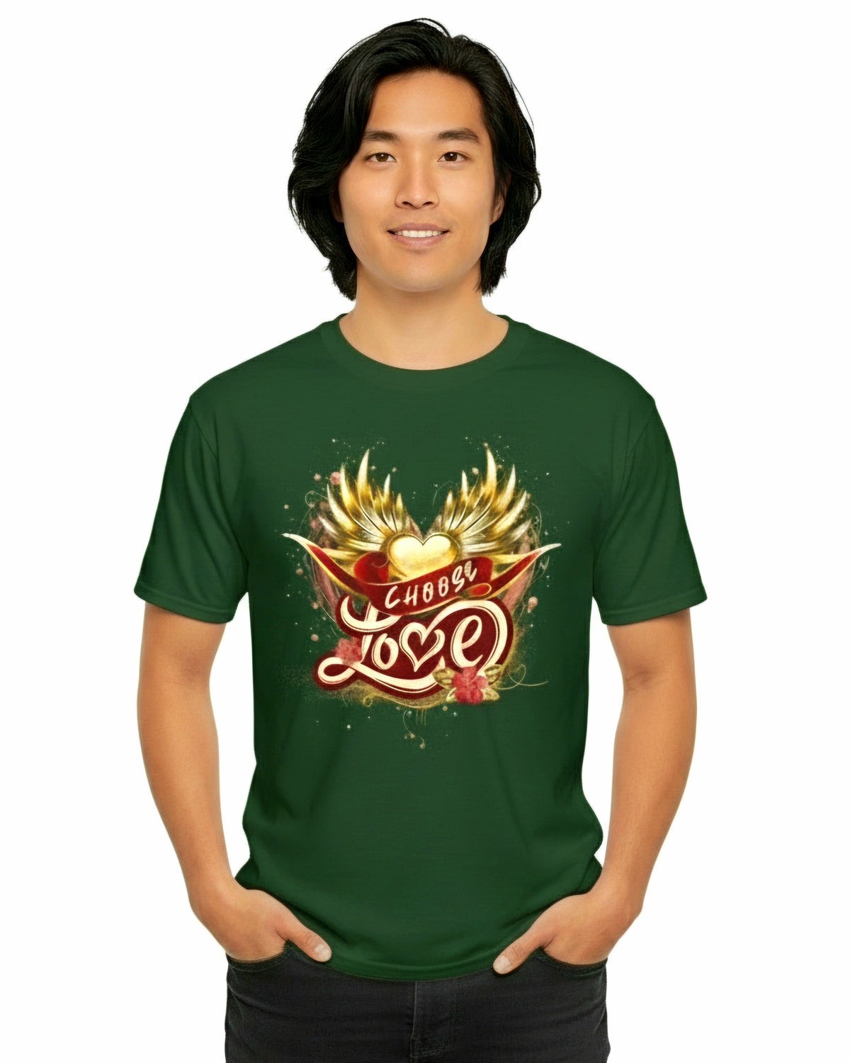 Person wearing a green t-shirt with golden wings and heart and the word 'Choose Love' design on a grey background