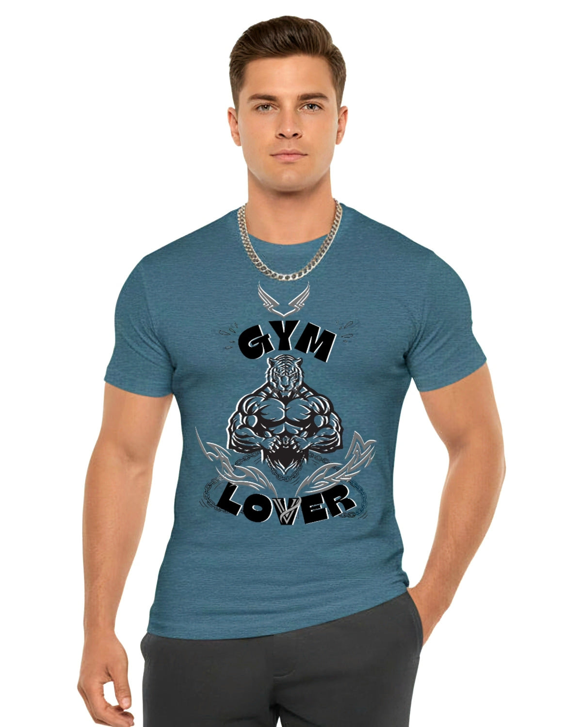 Man wearing a deep teal t-shirt with muscular tiger and a 'Gym Lover' text on a white background