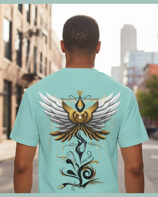 Person wearing a light blue t-shirt with wings, heart and diamond  design on the back in urban settings 