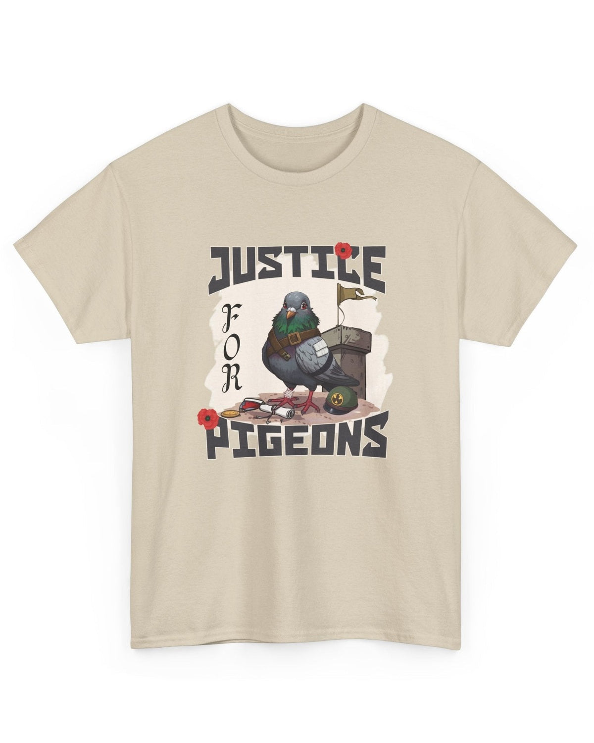 Beige t-shirt with a graphic of a pigeon and text 'Justice for Pigeons' on a white background