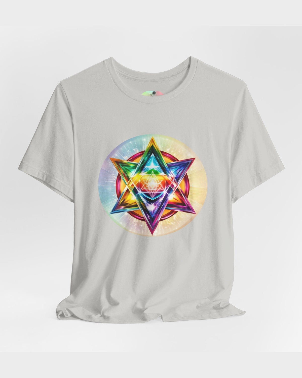 Gray t-shirt with a colorful Merkaba design on a white background