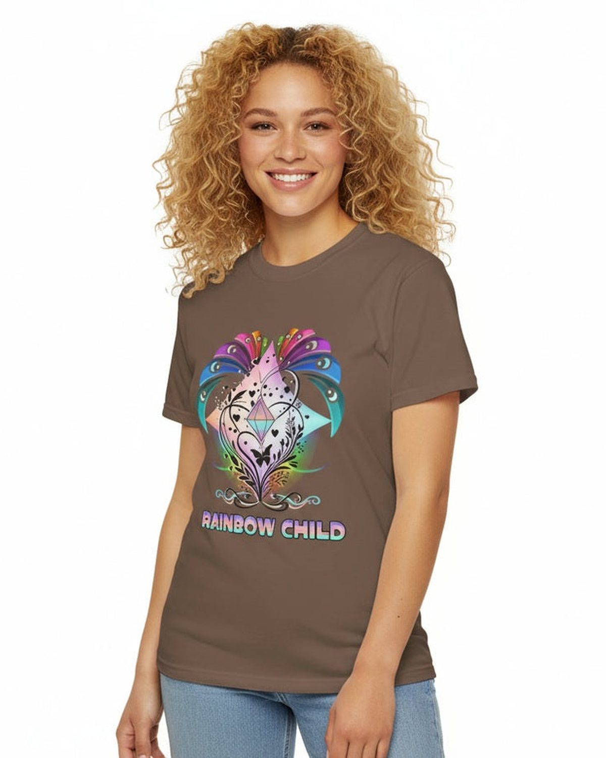 Person wearing a brown t-shirt with a colorful graphic and 'Rainbow Child' text on a white background