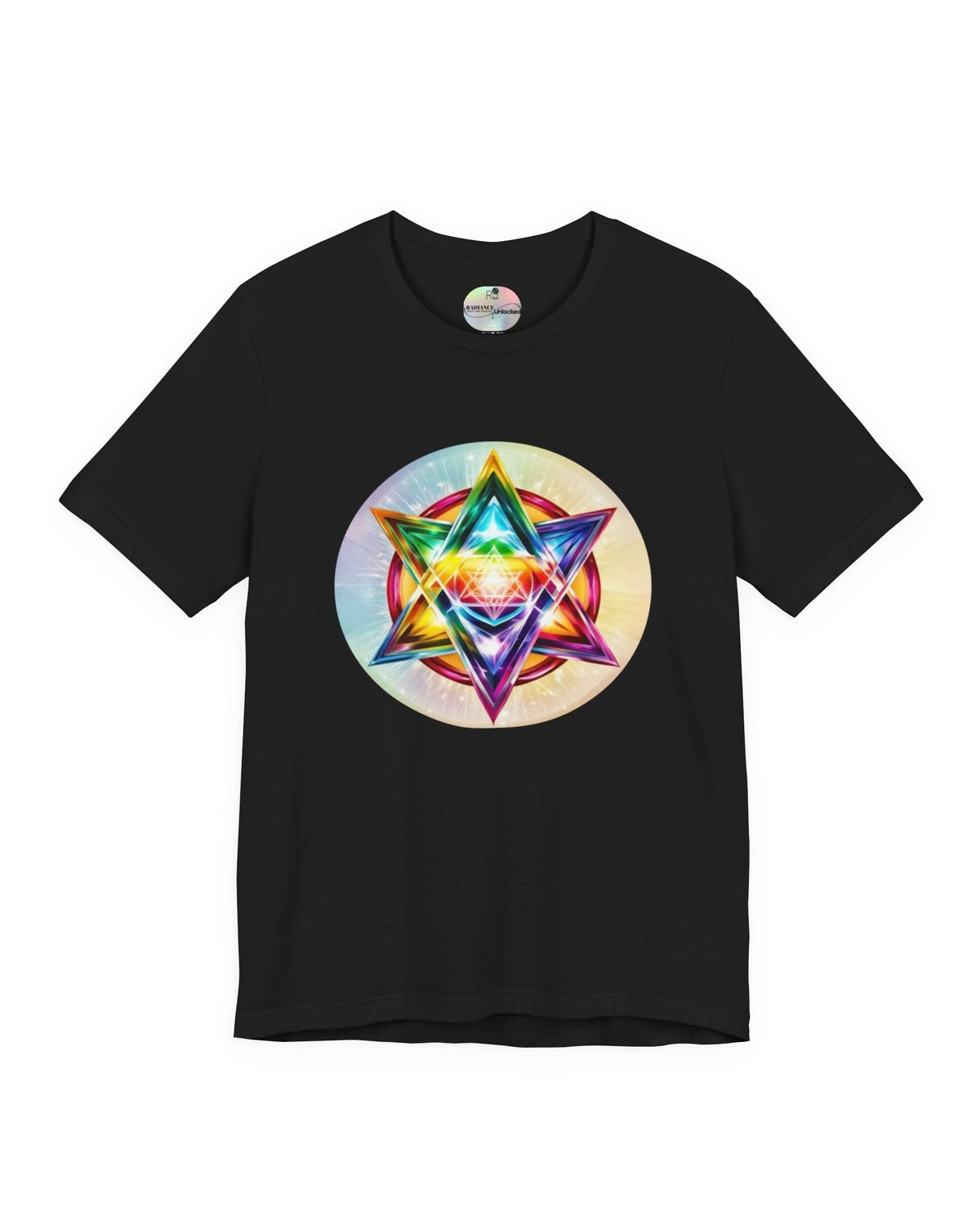 Black t-shirt with a colorful Merkaba design on a white background