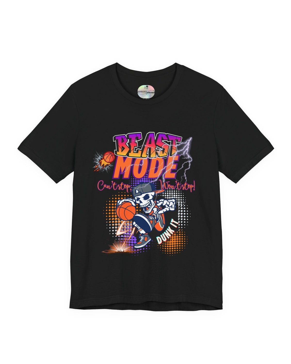 Black t-shirt with 'Beast Mode Cant Stop Wont Stop' graphic design featuring a skeleton basketball player on a white background.