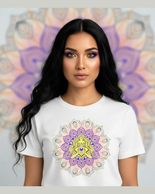 Woman wearing a white t-shirt with a colorful mandala design in front of a mandala background