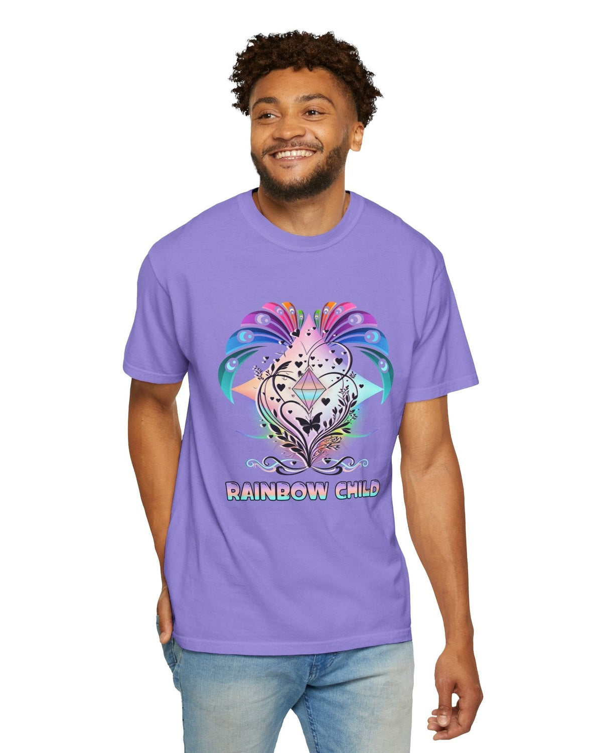 Man wearing a purple t-shirt with a colorful diamond graphic and 'Rainbow Child' text on a white background