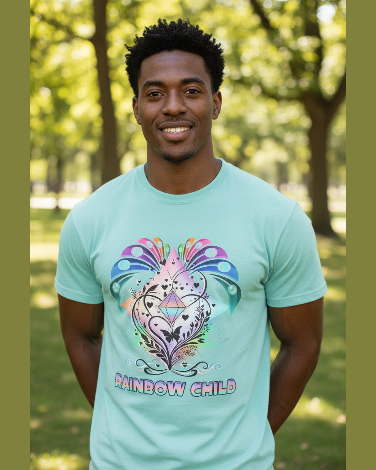 Man wearing a light blue t-shirt with a colorful diamond design and 'Rainbow Child' text standing in a park
