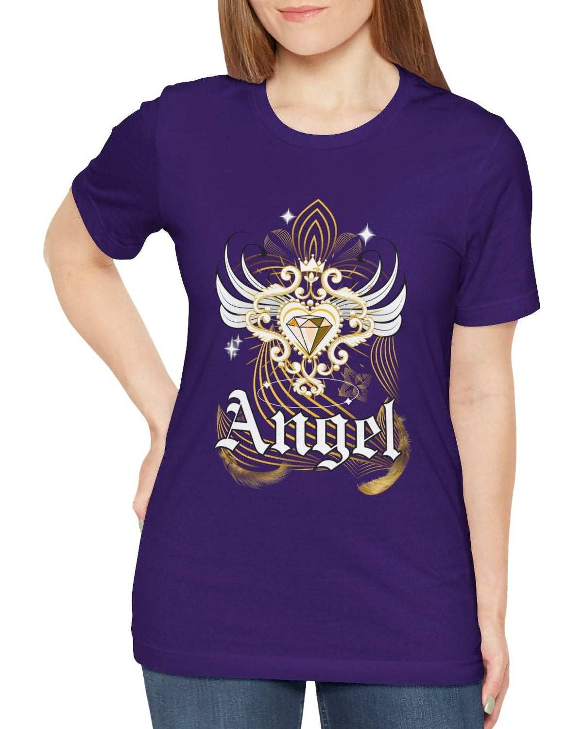 Woman wearing a purple t-shirt with an angel design golden diamond and text angel  on a white background