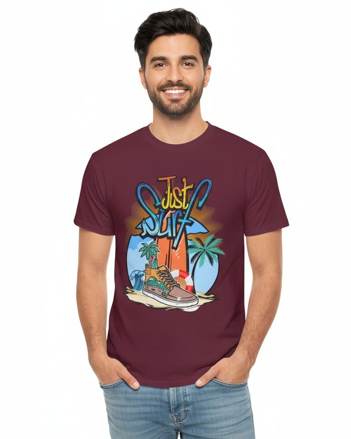 Man wearing a maroon t-shirt with a graphic design 'Just Surf' on a white background