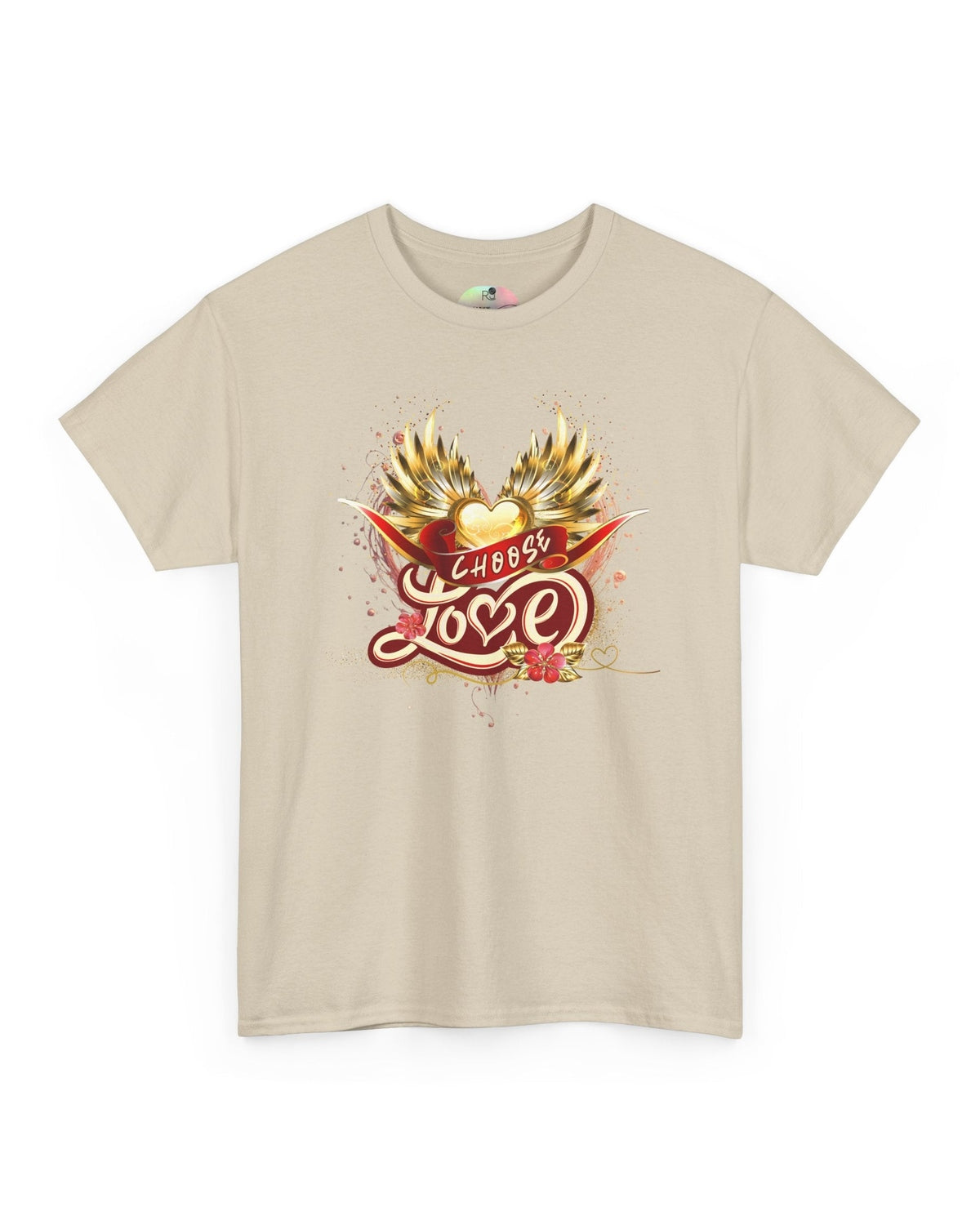 Beige t-shirt with a golden heart, wings and red ribbon graphic design and text Choose Love on a white background
