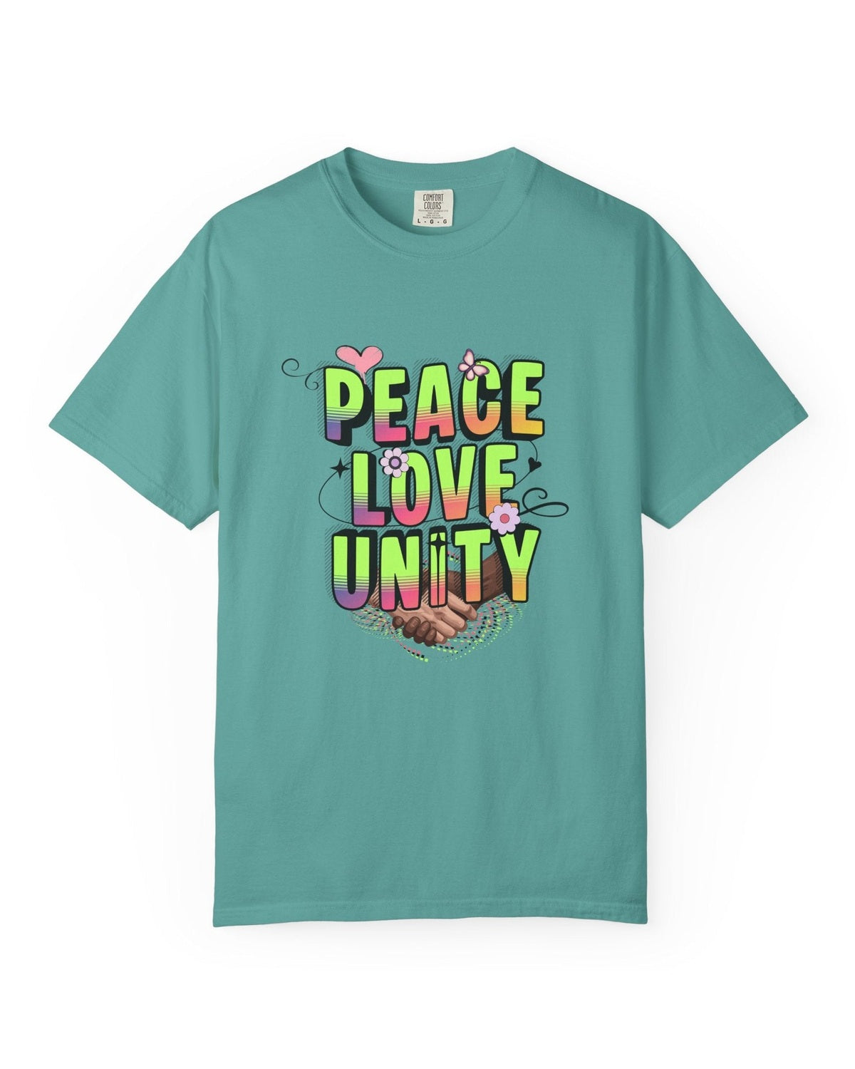 Teal t-shirt with 'Peace Love Unity' text and graphic on a white background
