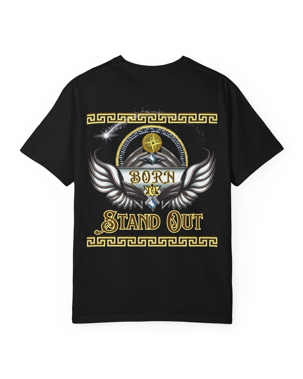 Black t-shirt with a wings graphic design and text Born to Stand Out on a white background