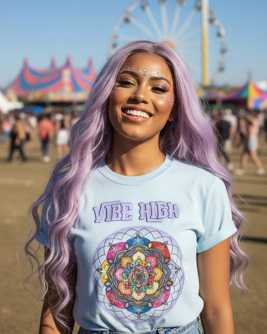 Woman wearing a light blue t-shirt with a colorful mandala and 'VIBE HIGH' text at festival settings