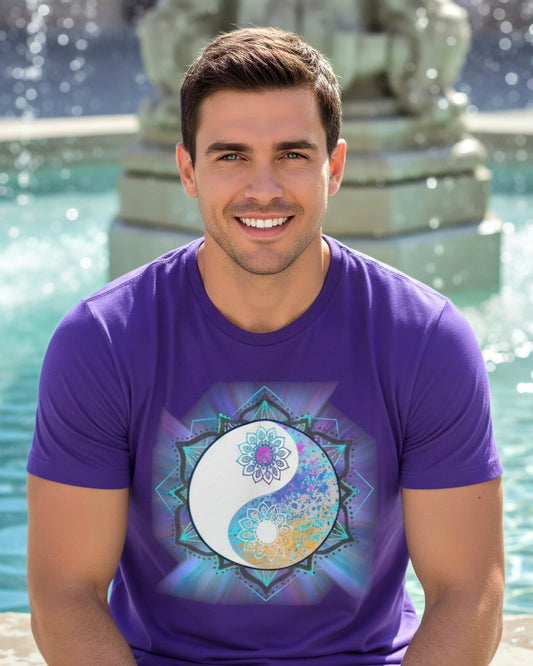 A man wearing a purple t-shirt with a colorful floral yin yang mandala design in a park and a fountain in the back
