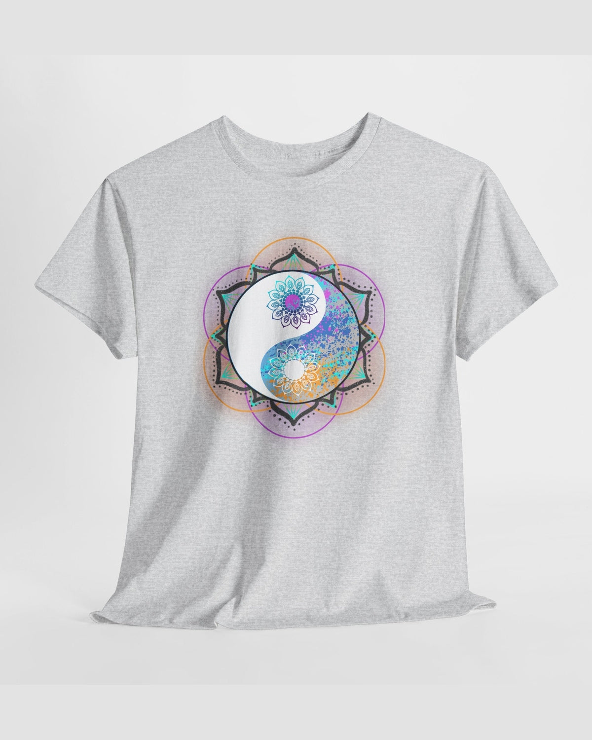 Gray t-shirt with a colorful mandala design featuring a yin yang symbol on a white background