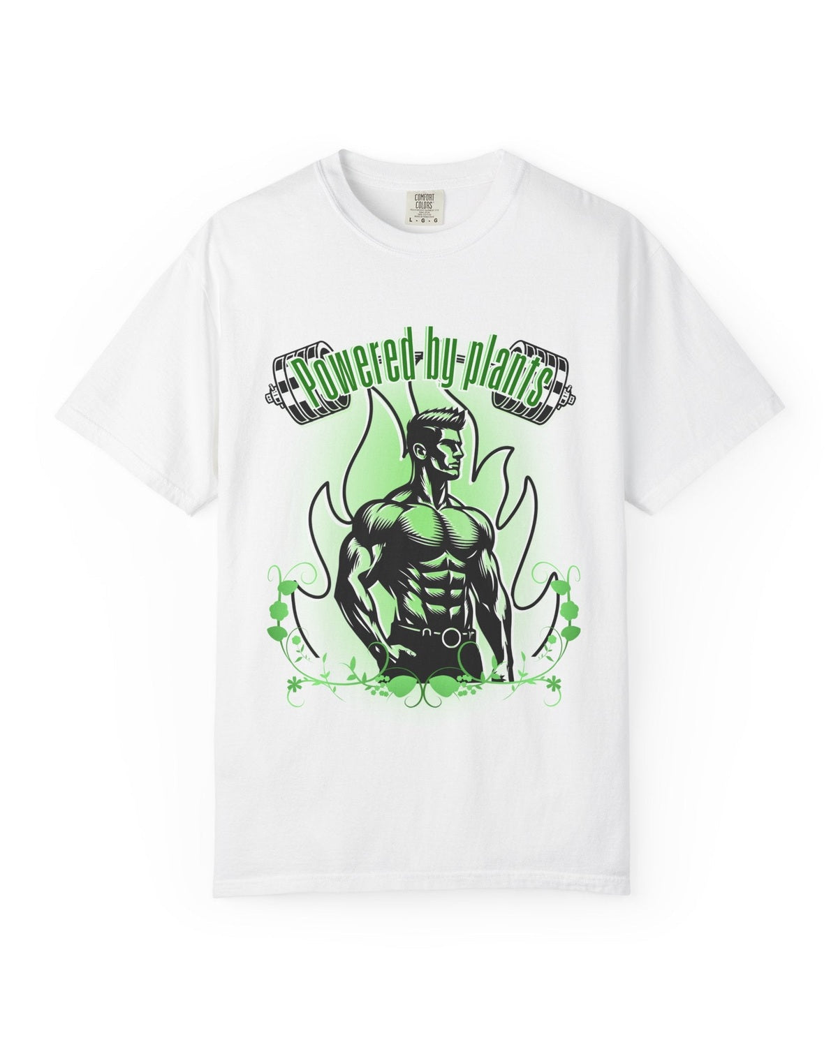 White t-shirt with green graphic design featuring a muscular figure and text Powered by Plants on white background 