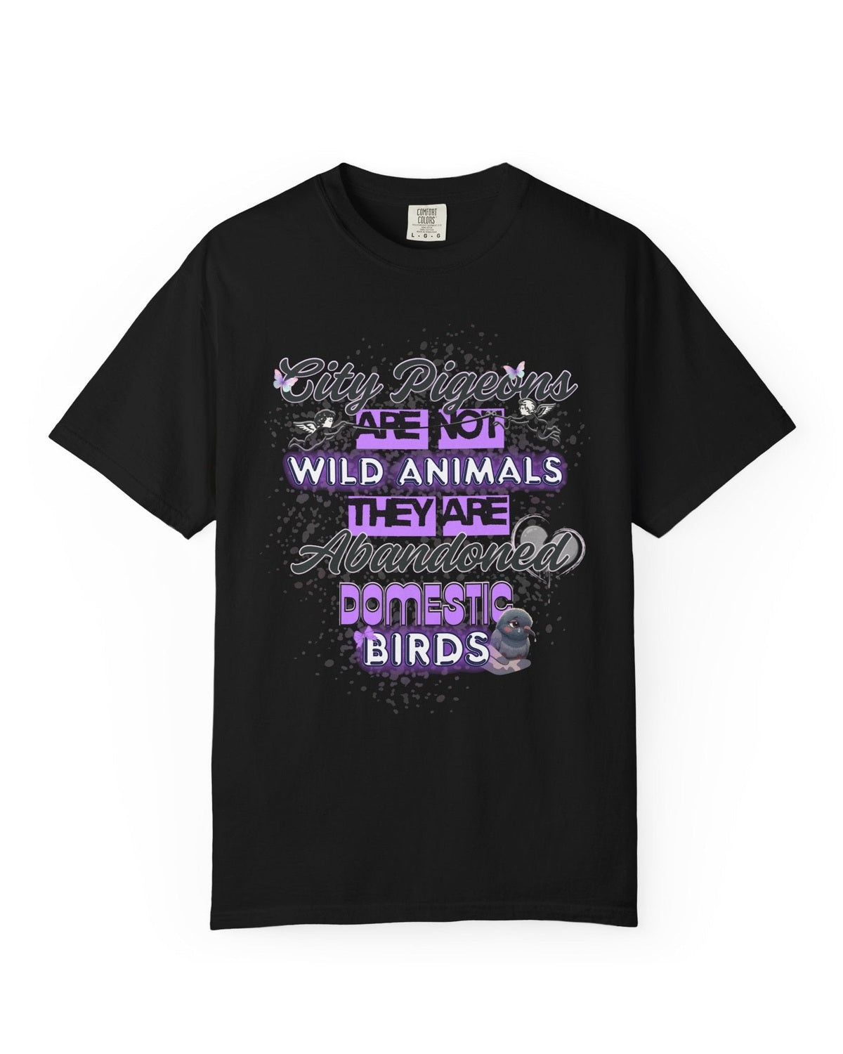 Black t-shirt with colorful text and pigeon graphics on a white background