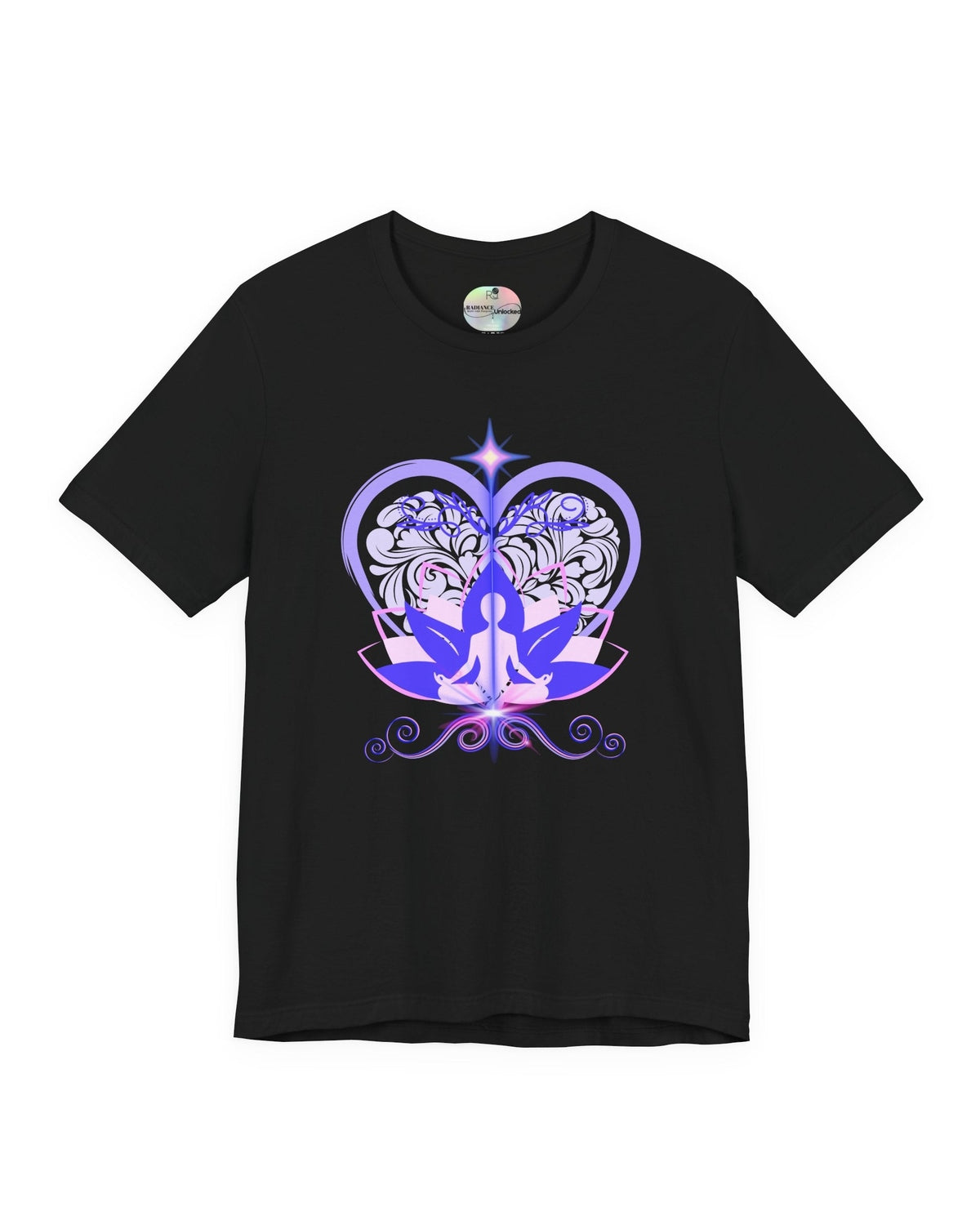 Black t-shirt with a purple and pink design of a meditating figure, heart and lotus on a white background