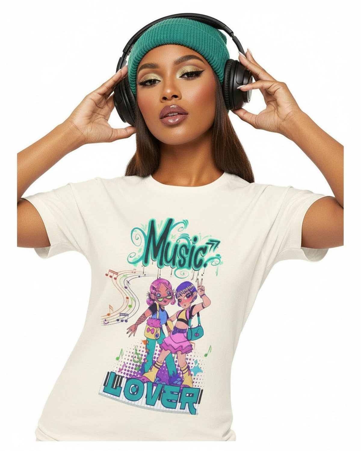 Woman wearing a white t-shirt with colorful graphics featuring two dancing Anime girls design, and text Music Lover on a white background