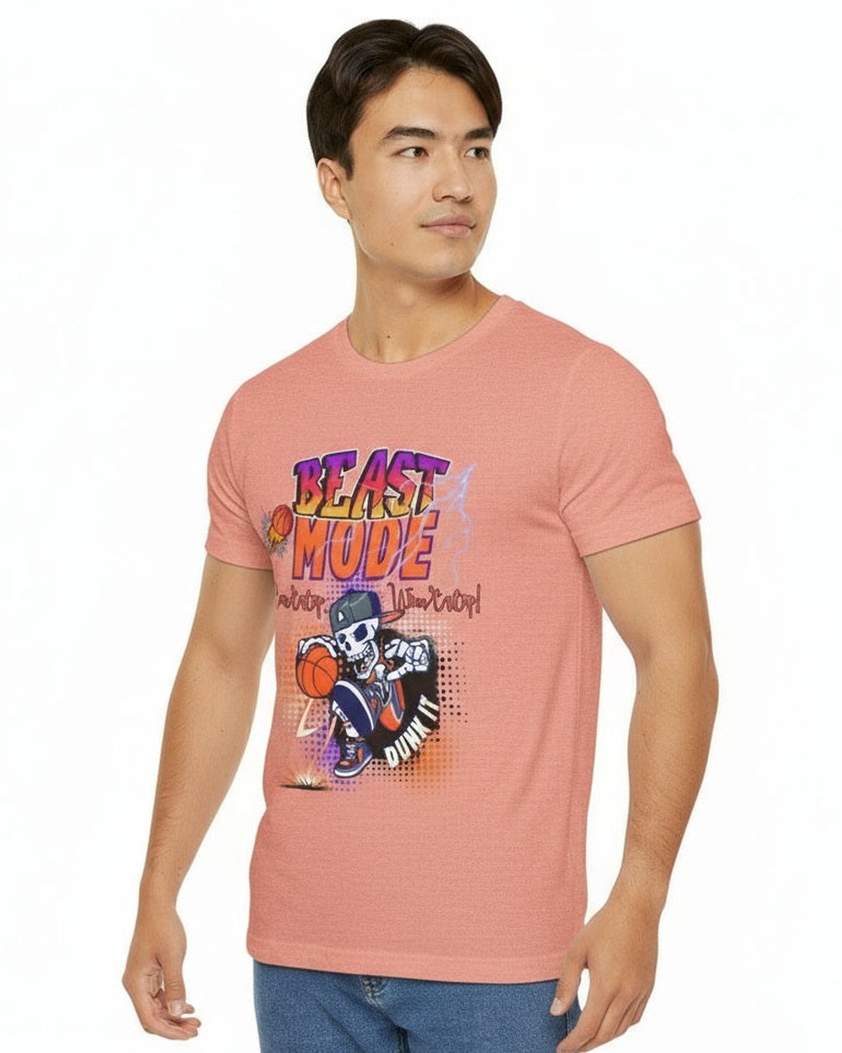 Person wearing a orange t-shirt with 'Beast Mode Cant Stop Wont Stop' graphic design on a white background