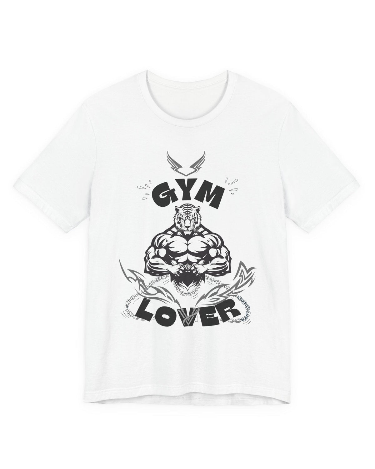 White t-shirt with black graphic design featuring a muscular tiger and 'Gym Lover' text on a white background.