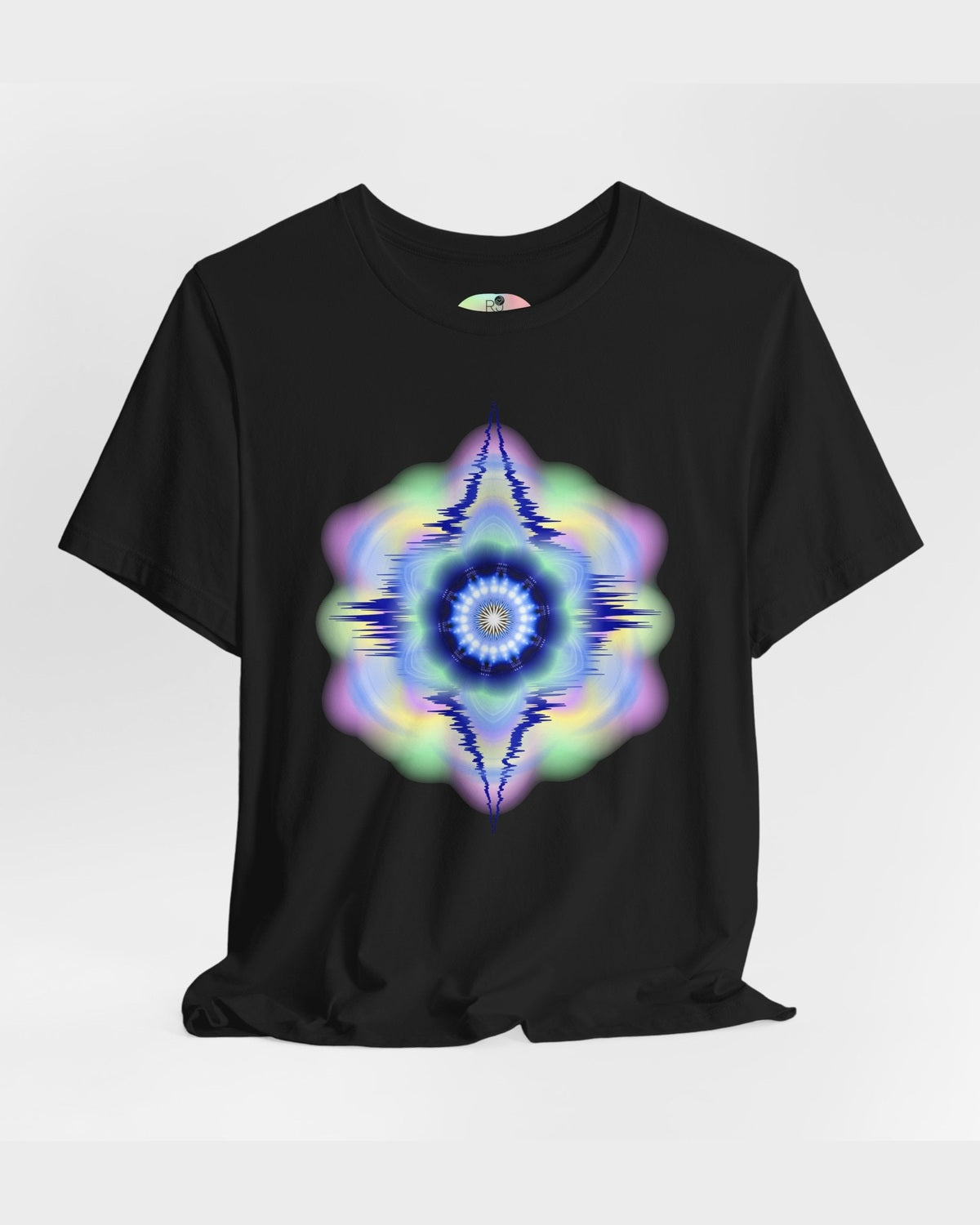 Black t-shirt with a colorful geometric design on a white background