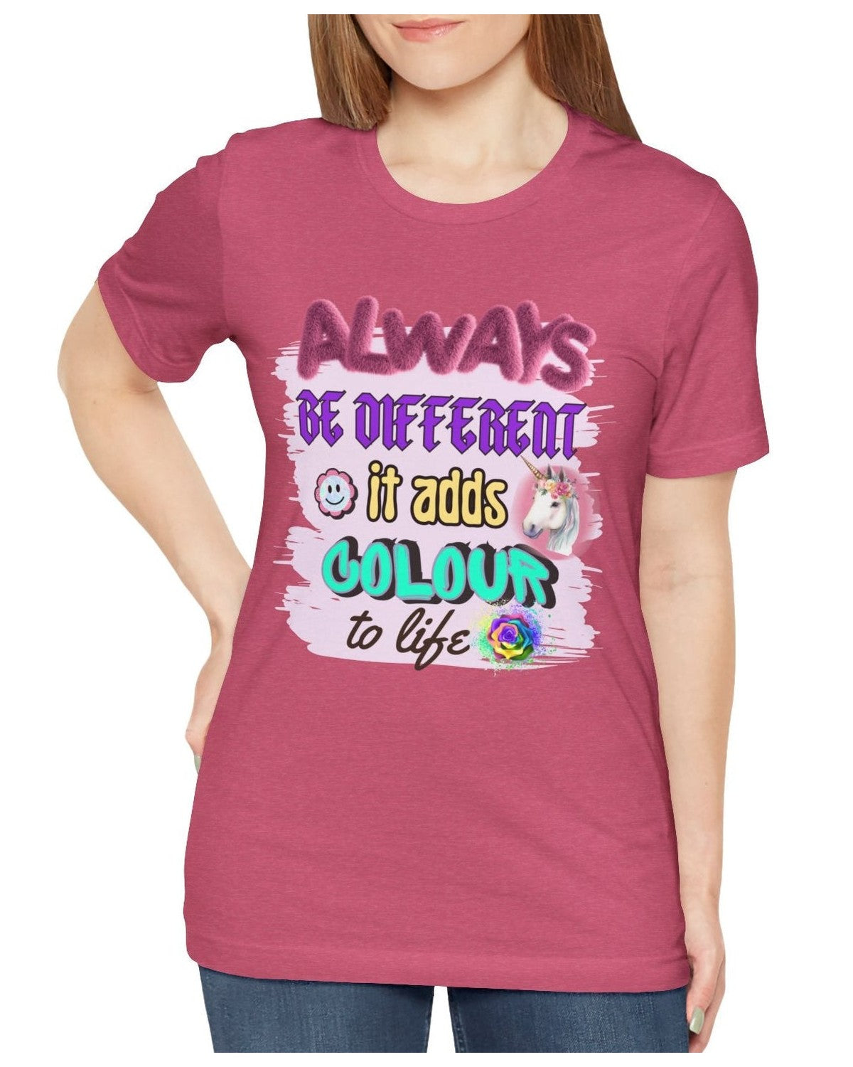 Person wearing a red t-shirt with a colorful  inspirational graphic and text on a white background