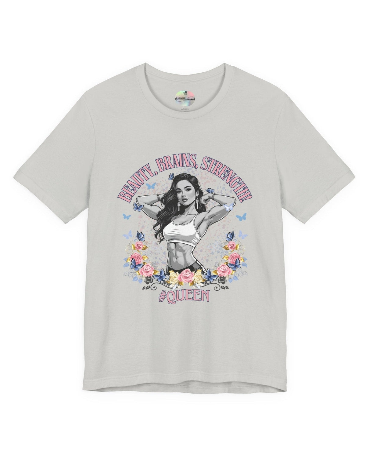 Gray t-shirt with a graphic design of a fitness woman, flowers, butterflies and text 'Beauty, Brains, Strength #Queen' on a white background