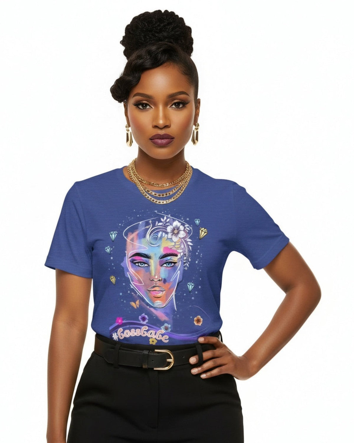 Woman wearing a dark blue t-shirt with a colorful graphic design of a female face, diamonds and flowers and a text #bossbabe on a white background