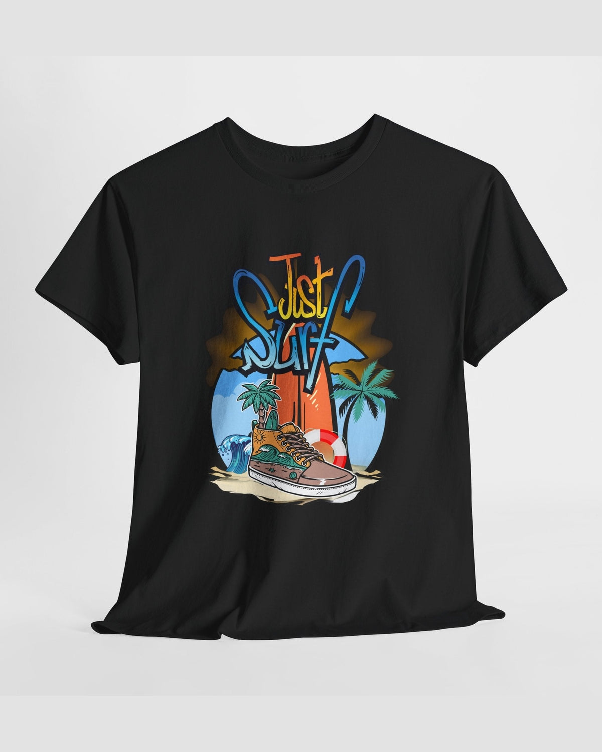 Black t-shirt with 'Just Surf' graphic design featuring a shoe, palm trees, and surfboard on a white background.