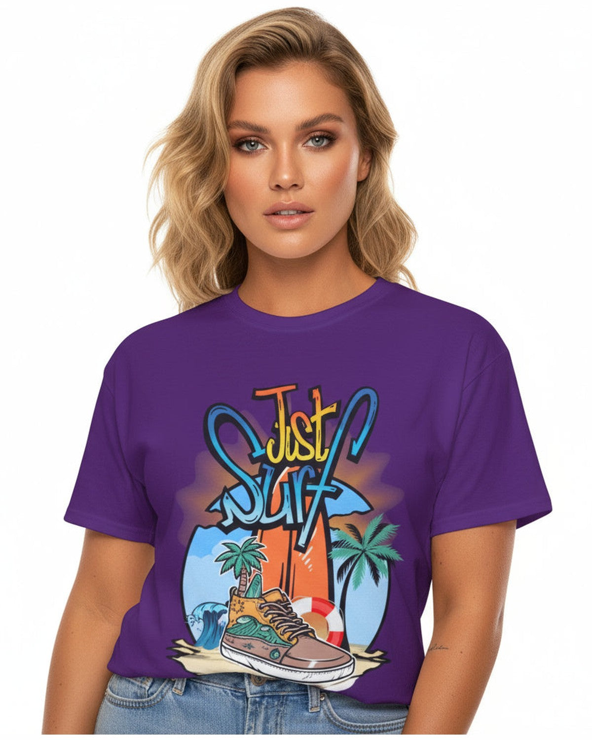 Woman wearing a purple t-shirt with a colorful graphic design Just Surf on a white background
