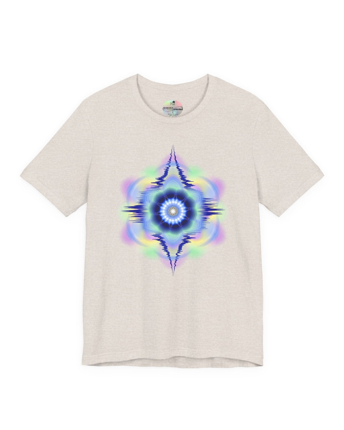 Beige t-shirt with a colorful abstract design on a white background