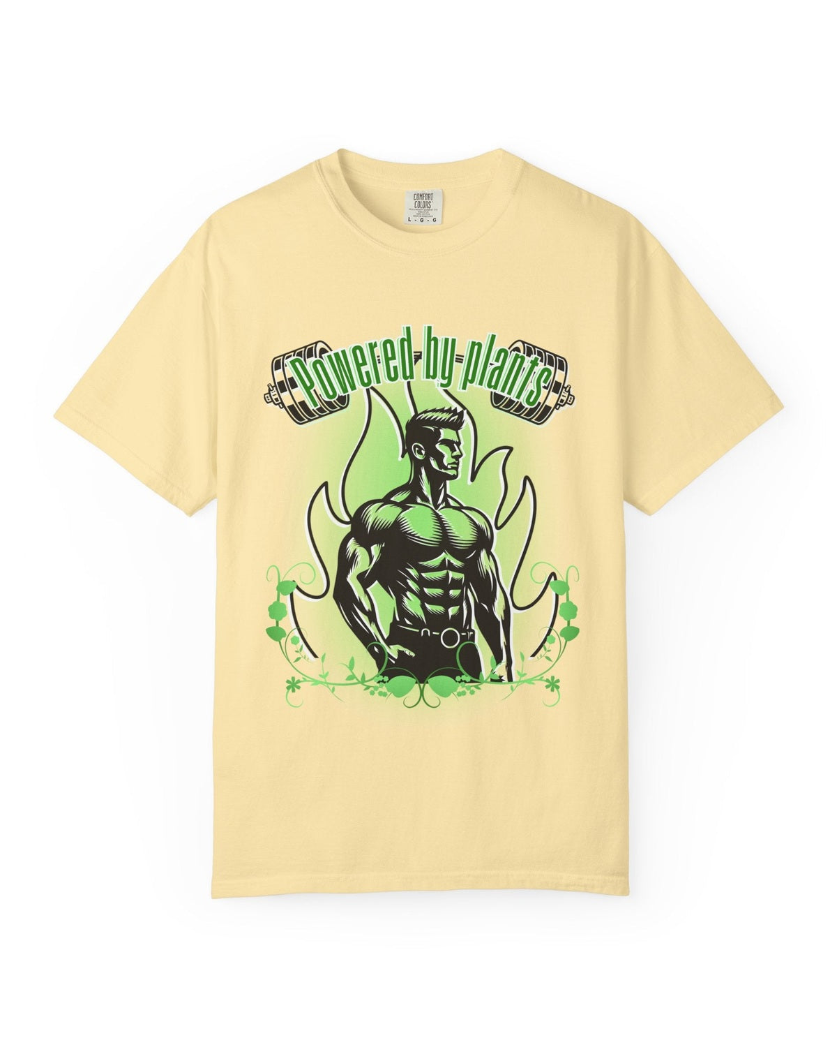 Yellow t-shirt with a graphic of a muscular figure and 'Powered by Plants' text on a white background