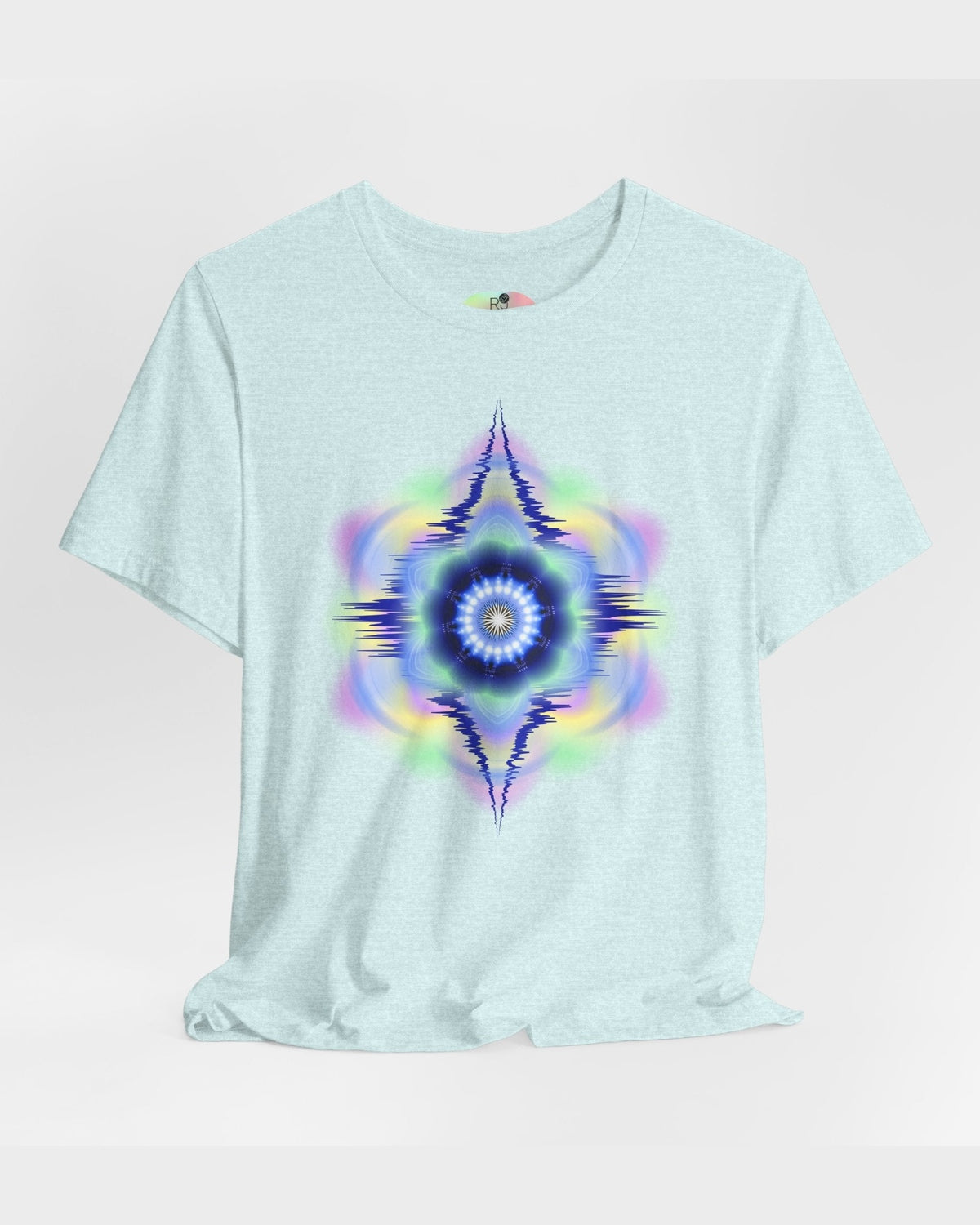 Light blue t-shirt with a vibrant hues abstract design on a light gray background