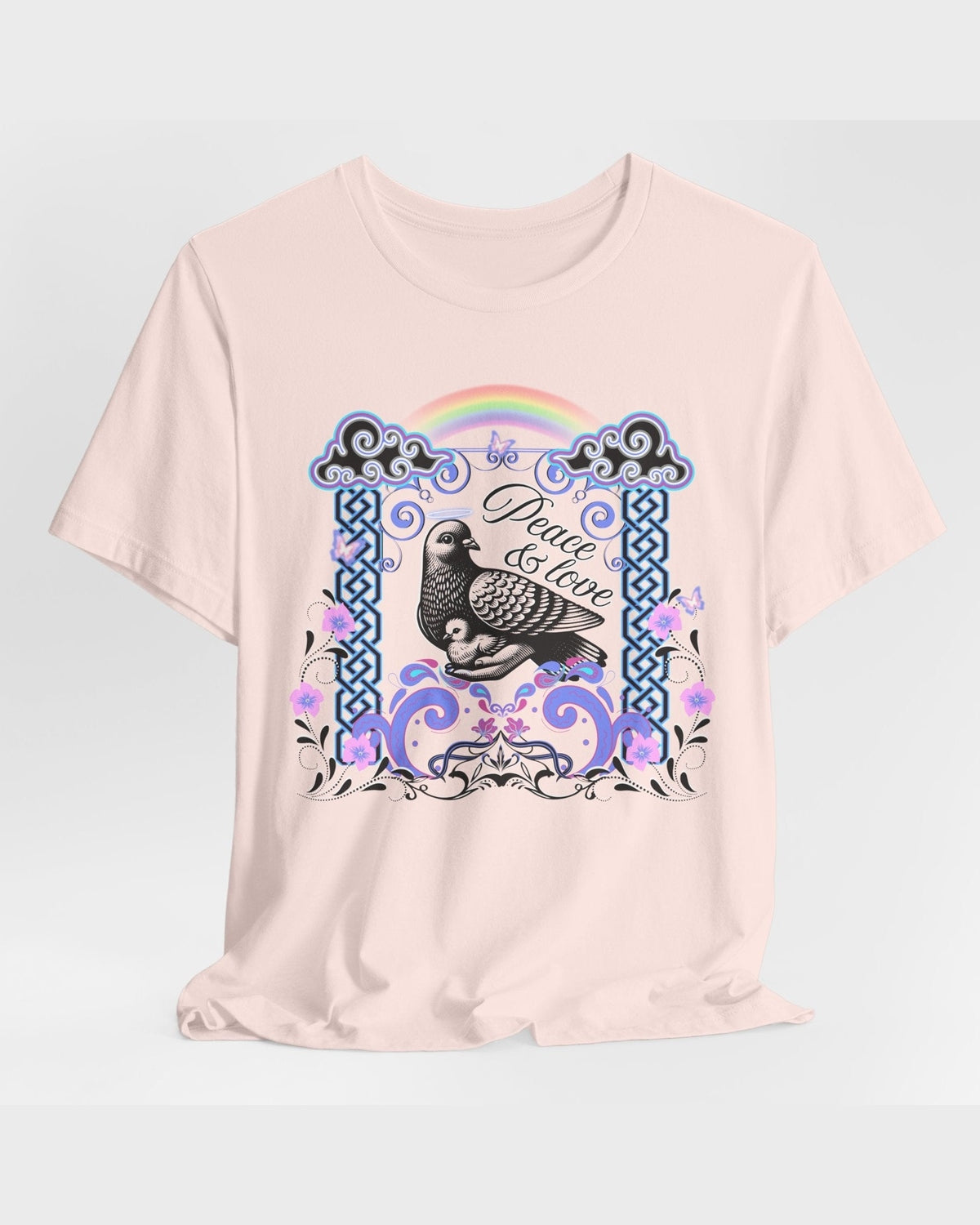 Light Pink t-shirt with a graphic design featuring a pigeon, rainbow, and text Peace & Love on a light gray background