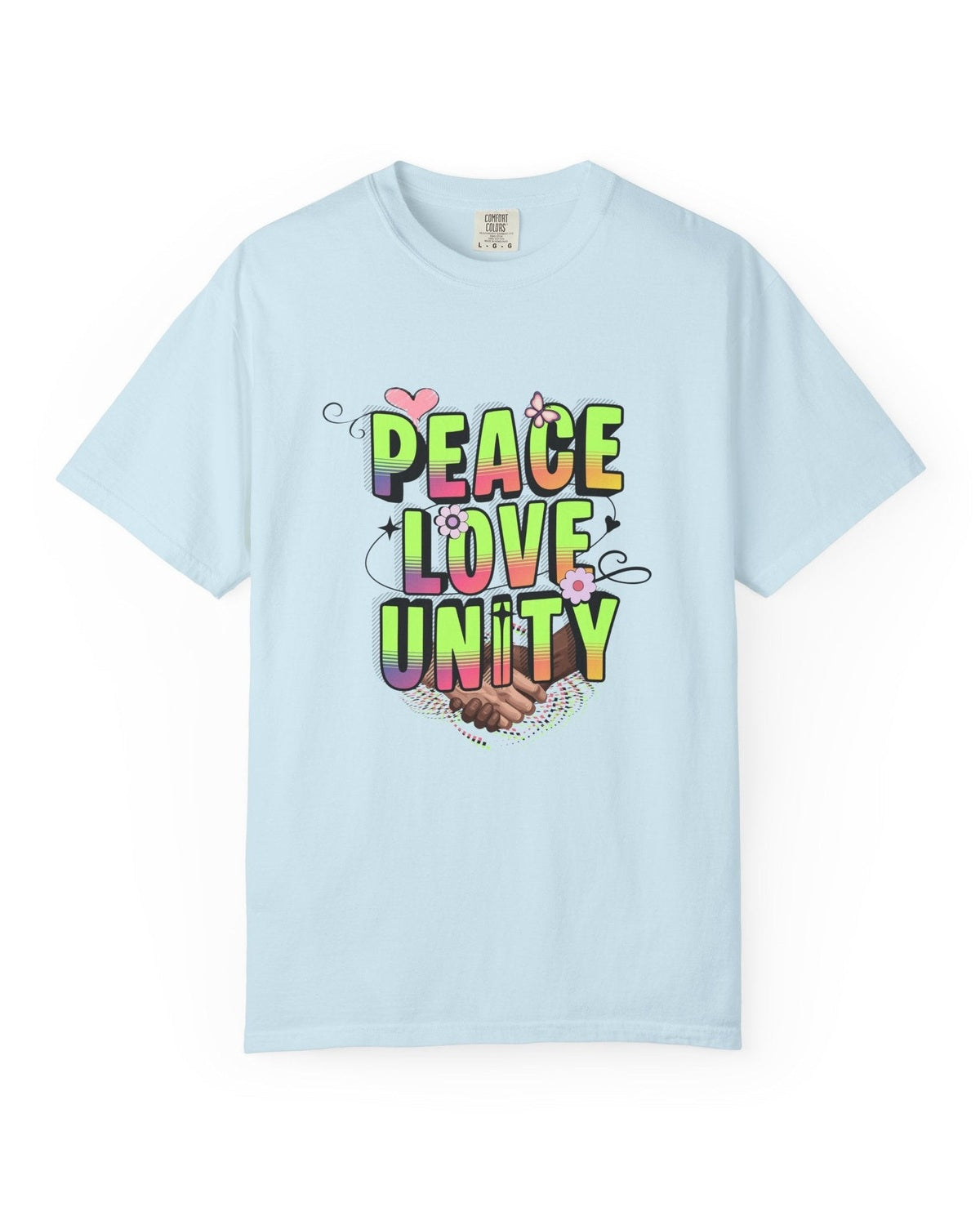 Light blue t-shirt with 'Peace Love Unity' text and graphic on a white background