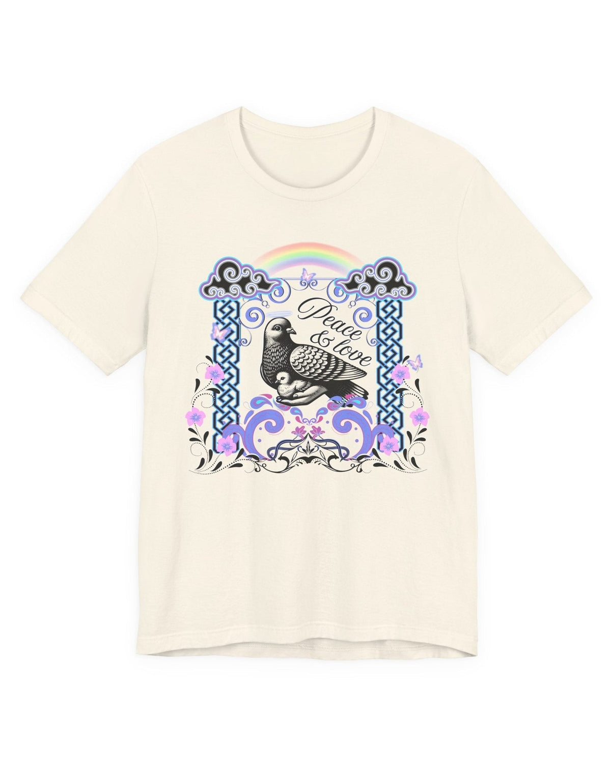 Beige t-shirt with a graphic design of a dove, rainbow, and decorative elements on a white background