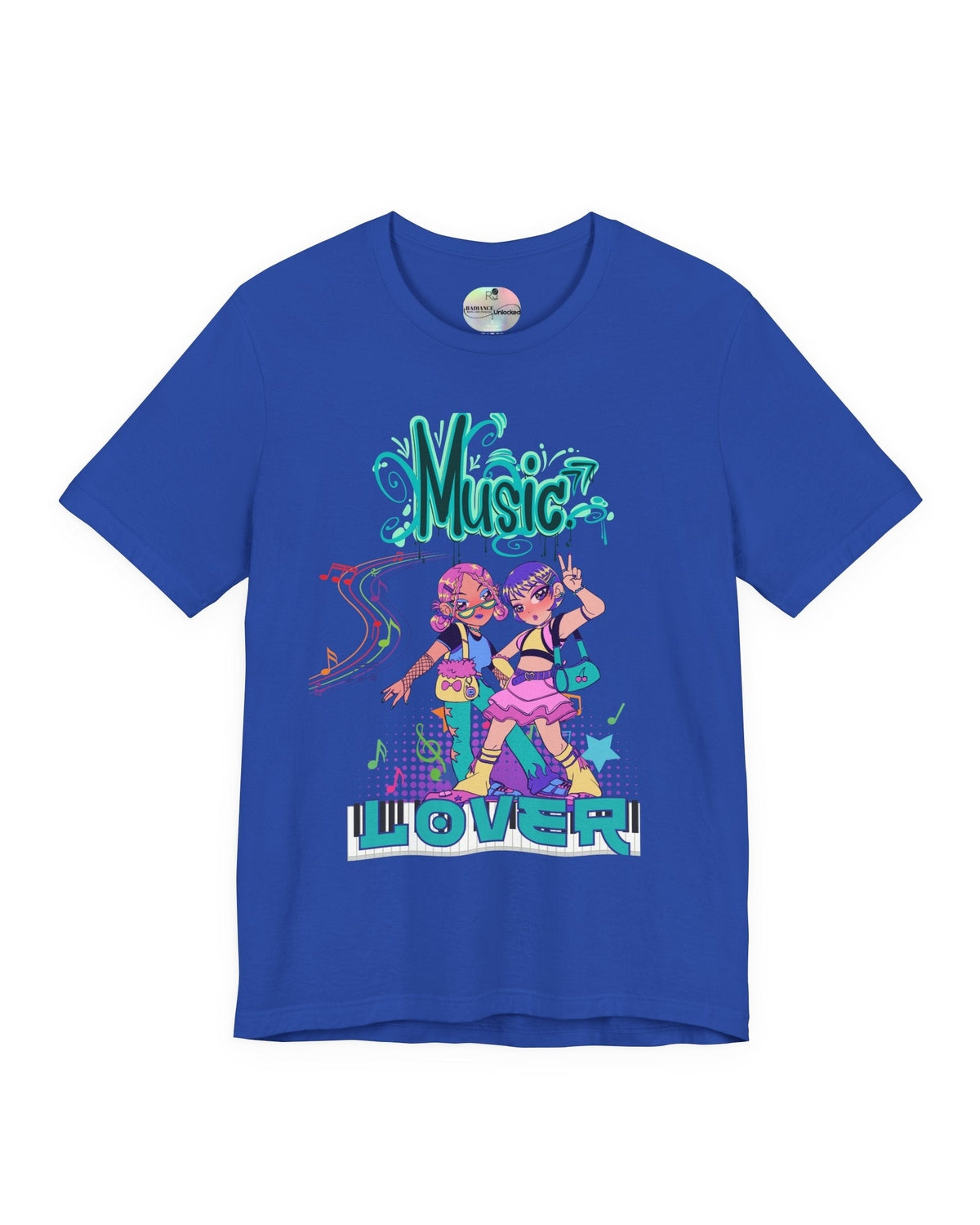 Blue t-shirt with colorful graphic design featuring two anime characters and the text 'Music Lover' on a white background.