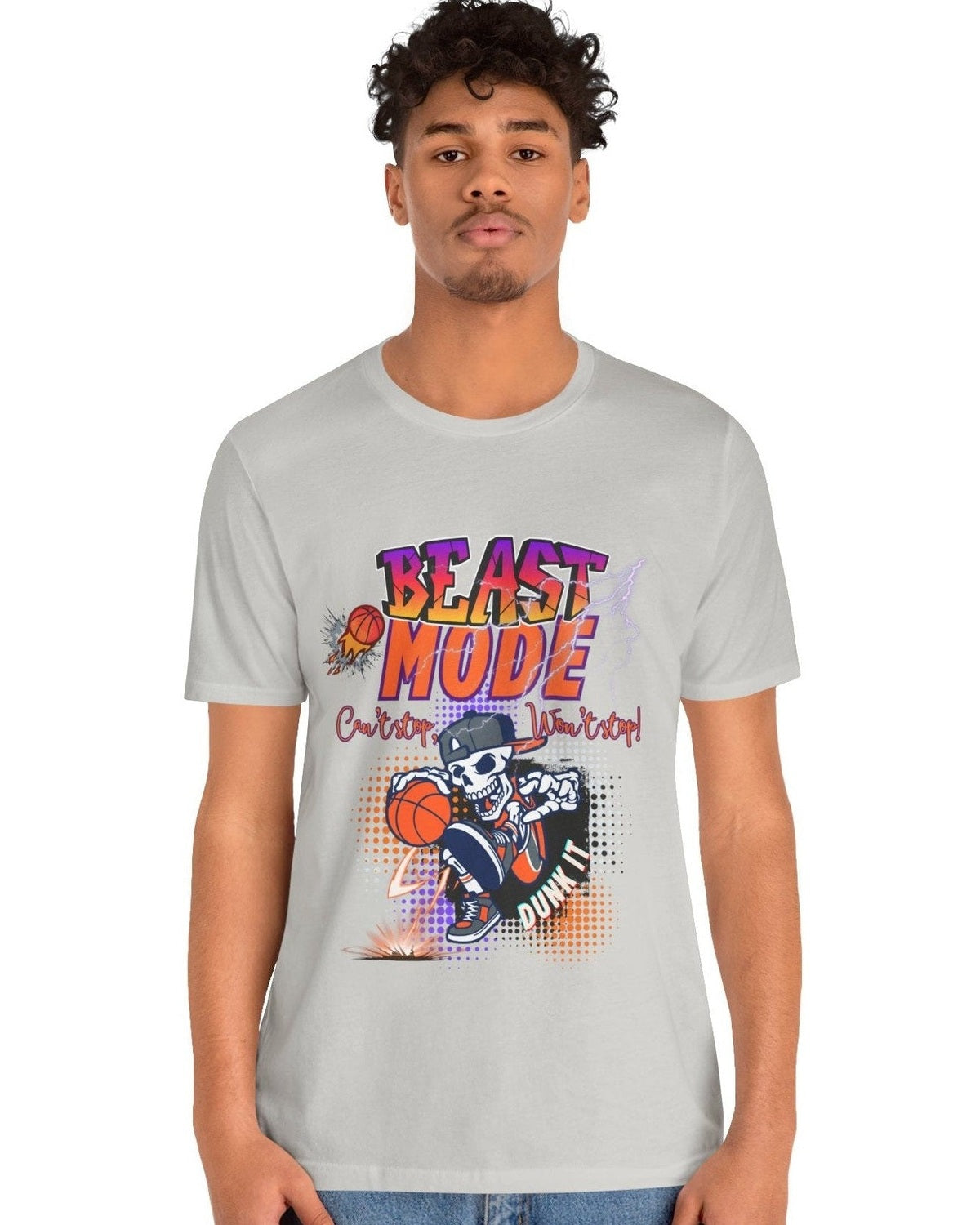 Person wearing a grey t-shirt with a graphic design of a skeleton holding a basketball and a text 'Beast mode Cant Stop Wont Stop' on a white background