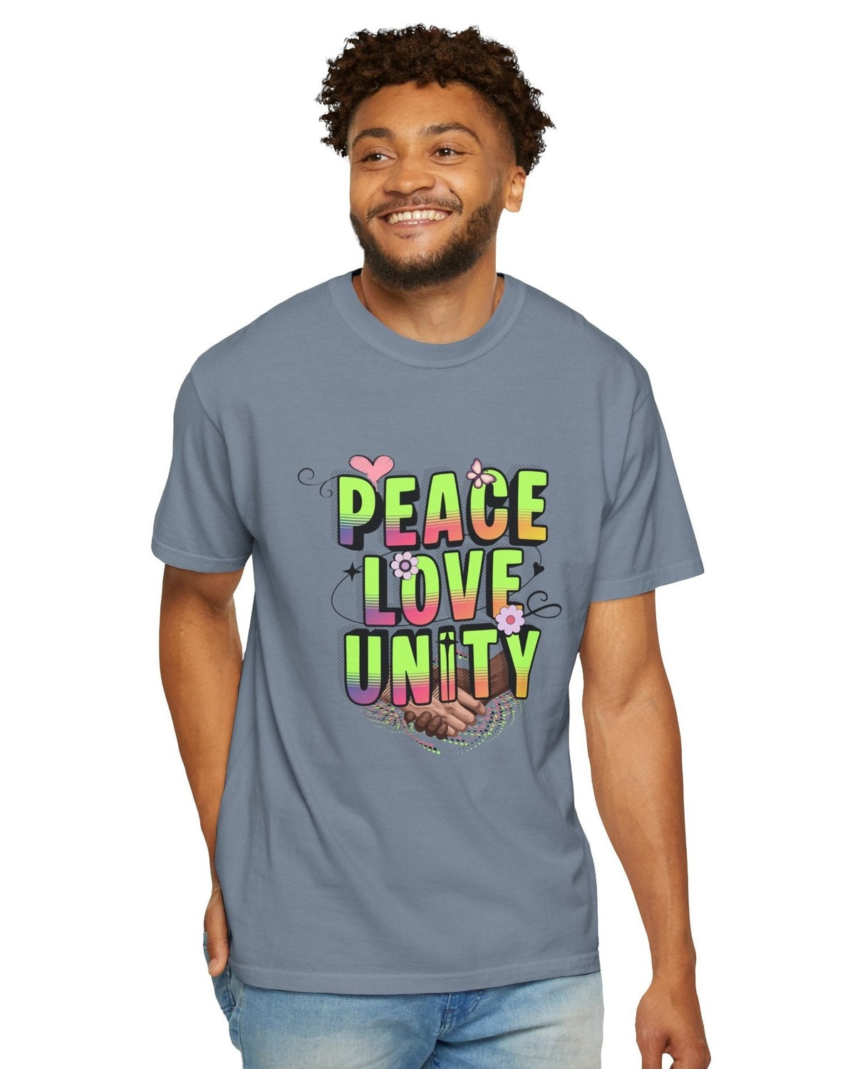 Man wearing a blue t-shirt with 'Peace Love Unity' text on a white background