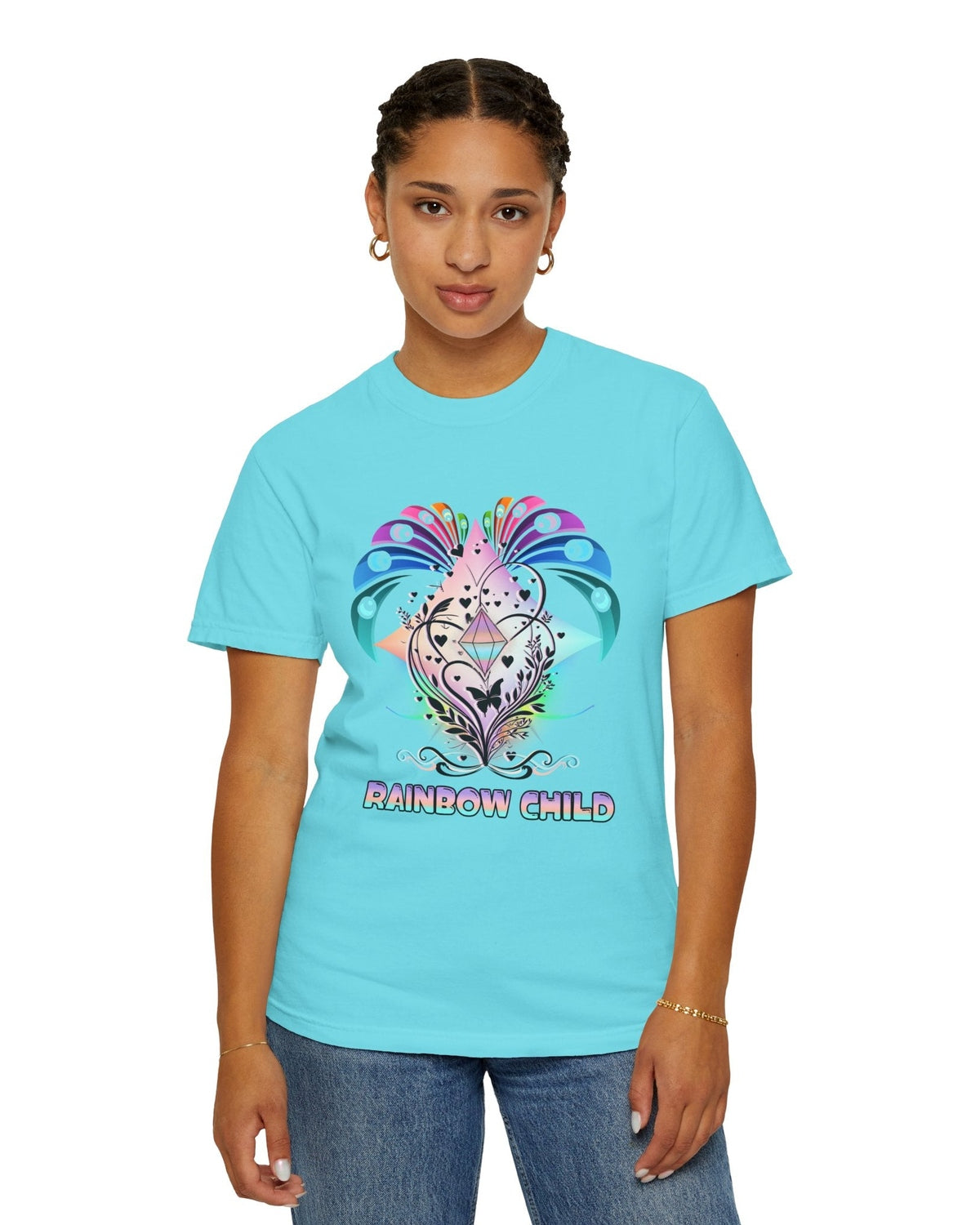 Person wearing a light blue t-shirt with a colorful design and 'Rainbow Child' text on a white background