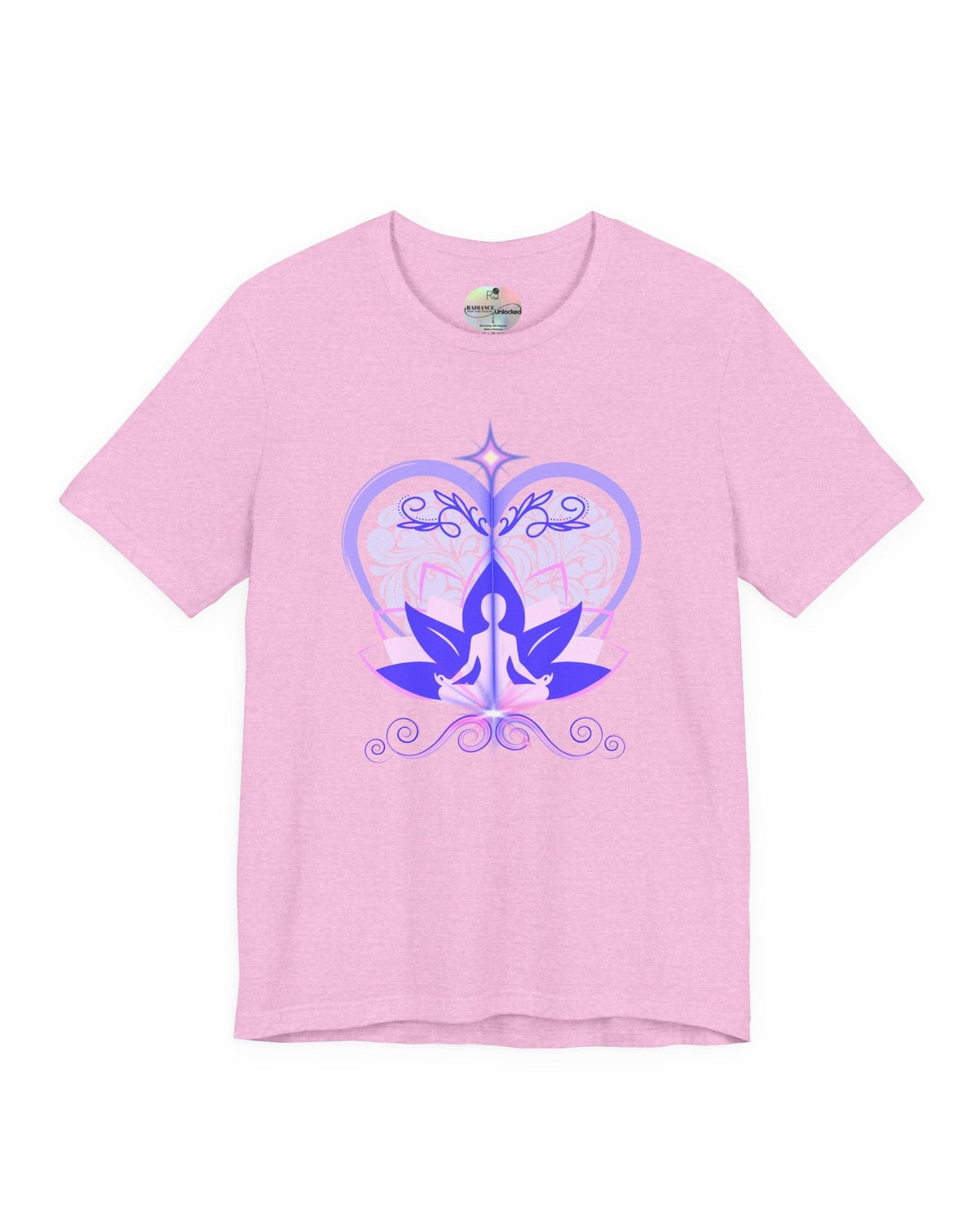 Pink t-shirt with a purple and pink design of a meditating figure, heart and lotus on a white background